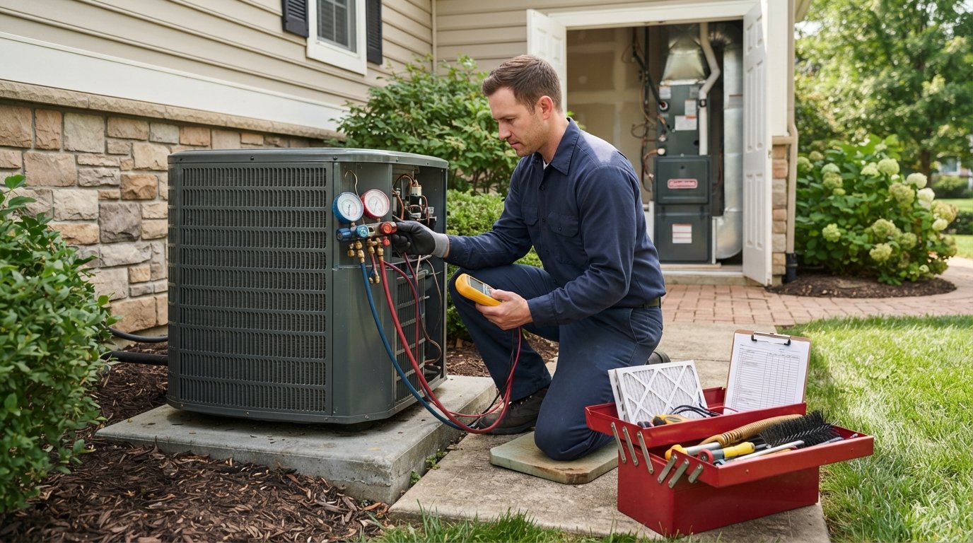 HVAC technician in navy uniform kneels beside an outdoor AC condenser, checking refrigerant pressure with gauges and a…