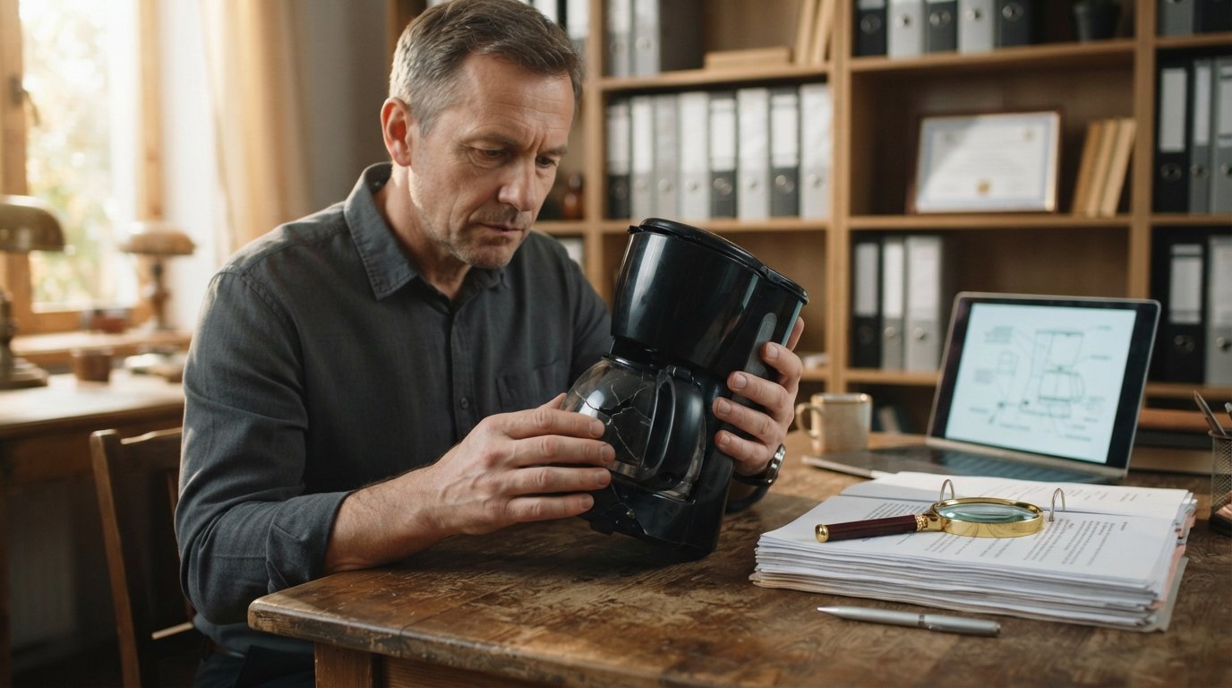 Middle-aged man at a wooden desk inspecting a cracked plastic coffee maker beside legal papers, a magnifying glass, and a…
