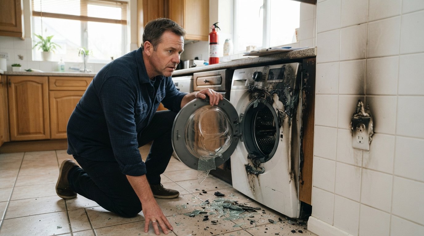 Homeowner in a kitchen inspecting a front-loading washing machine with a shattered glass door, broken fragments on the tile…