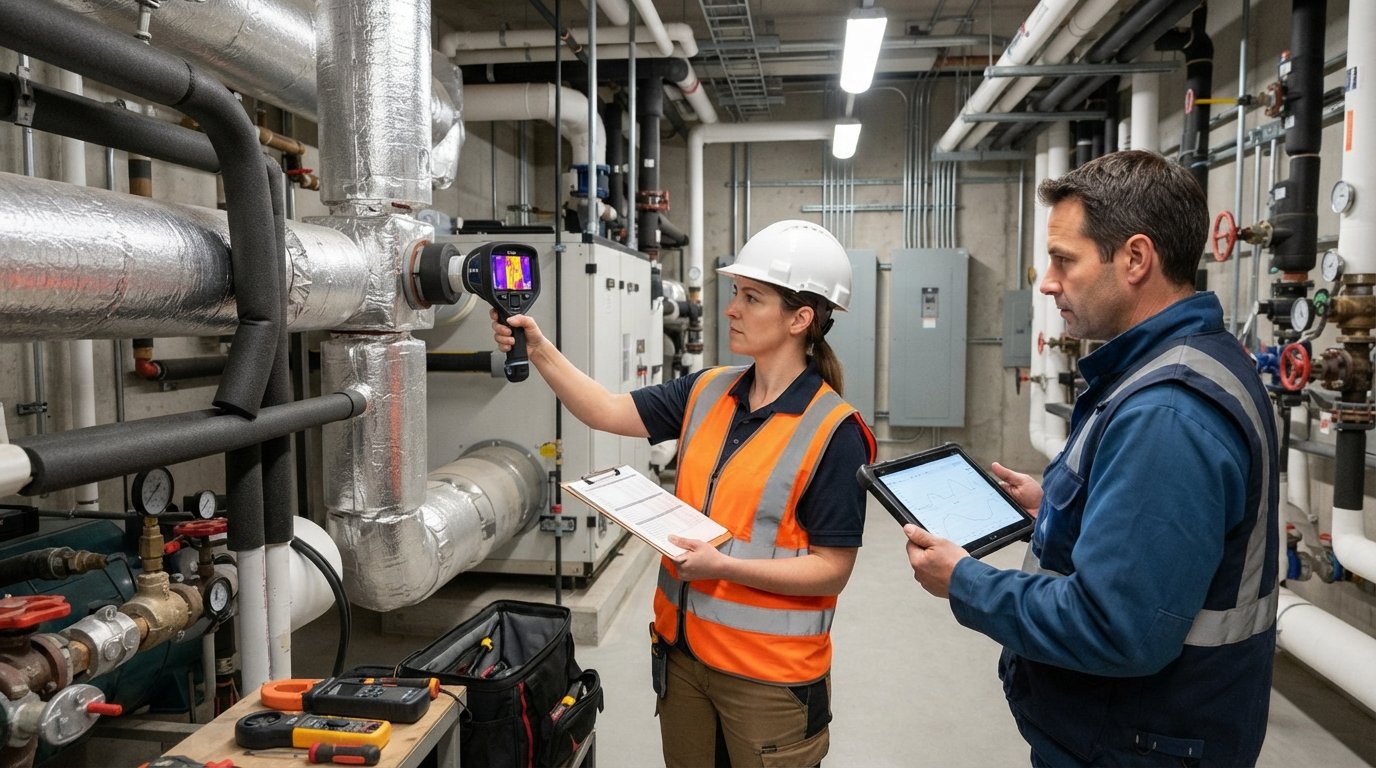 Energy auditor in hard hat and safety vest using a thermal imaging camera on HVAC ductwork while a facility manager reviews…