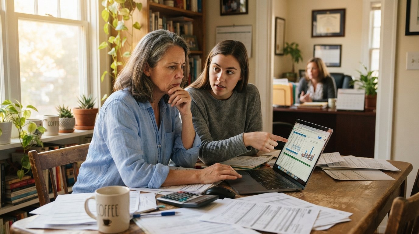 Parent in a wrinkled shirt sits at a cluttered kitchen table with a laptop, financial aid paperwork, calculator, and coffee…