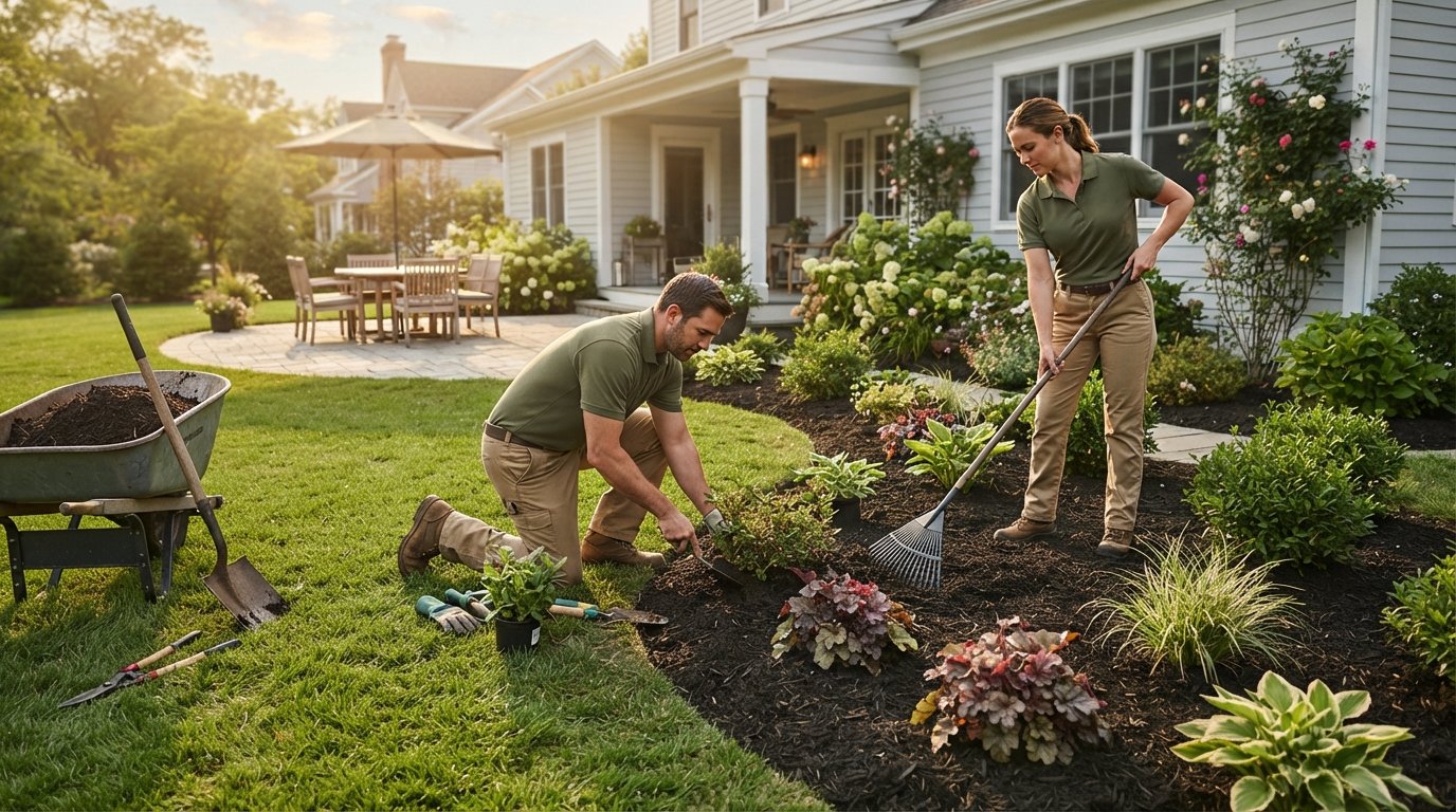 Two landscapers in olive polo shirts install dark mulch and low shrubs in a curved bed beside a green lawn, paver patio and…