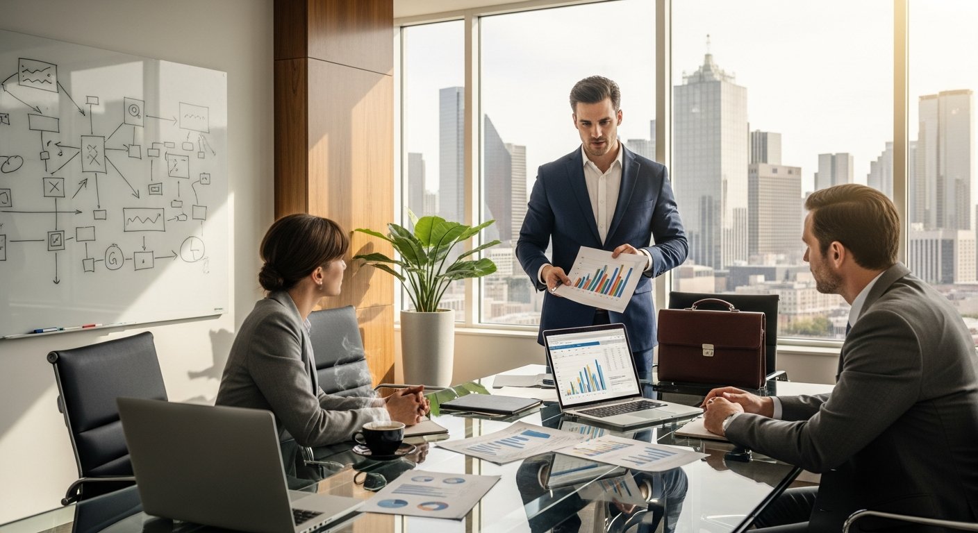 Texas management consultant in navy suit presenting a financial risk report to two colleagues in a sunlit office conference…