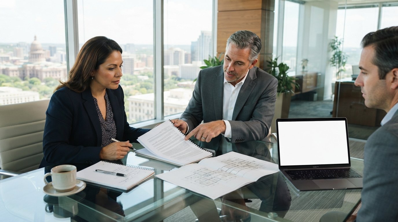 Woman in navy blazer reviews a contract with a client as a man in a gray suit points to a clause in a bright Austin office