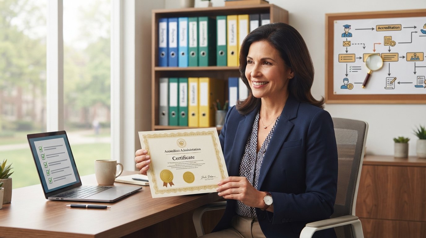 Woman in business attire holding a program accreditation certificate with a gold seal at a desk with a laptop and flowchart