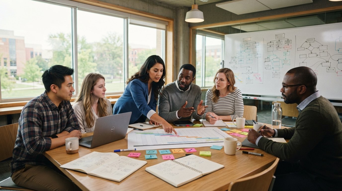 Diverse adult students in business casual attire collaborate around a conference table with Gantt charts, laptops, and a…