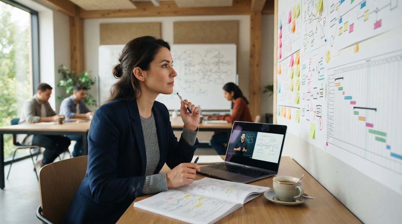 Business-casual student reviewing a sticky-note scheduling board and Gantt charts at a training center desk with a laptop…