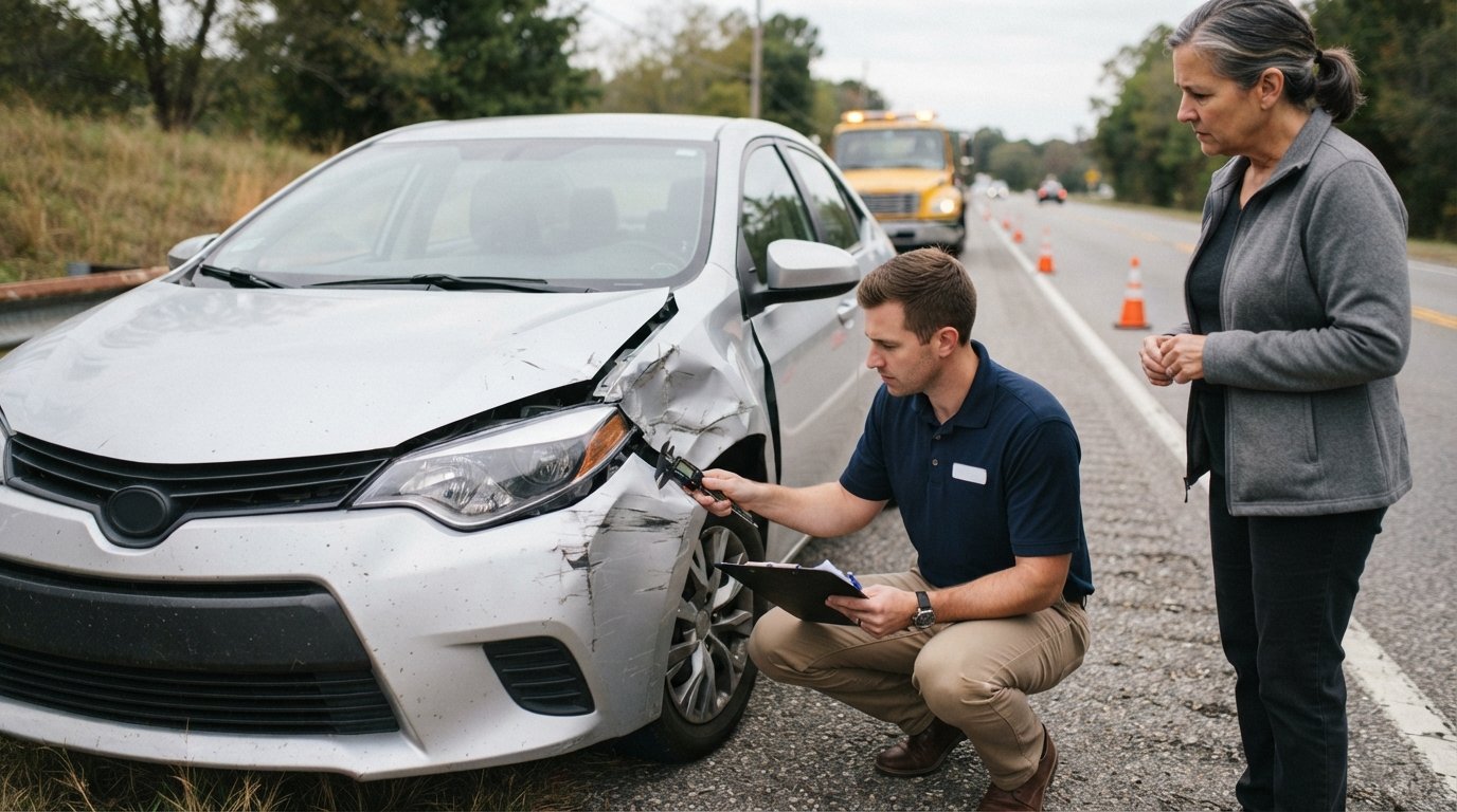 Claims adjuster with clipboard crouches beside a silver sedan with a crumpled front fender and dented hood on a roadside…