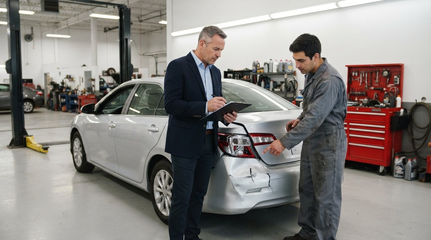 Claims adjuster with clipboard and mechanic in coveralls inspect a silver sedan with a crumpled rear bumper and shattered…