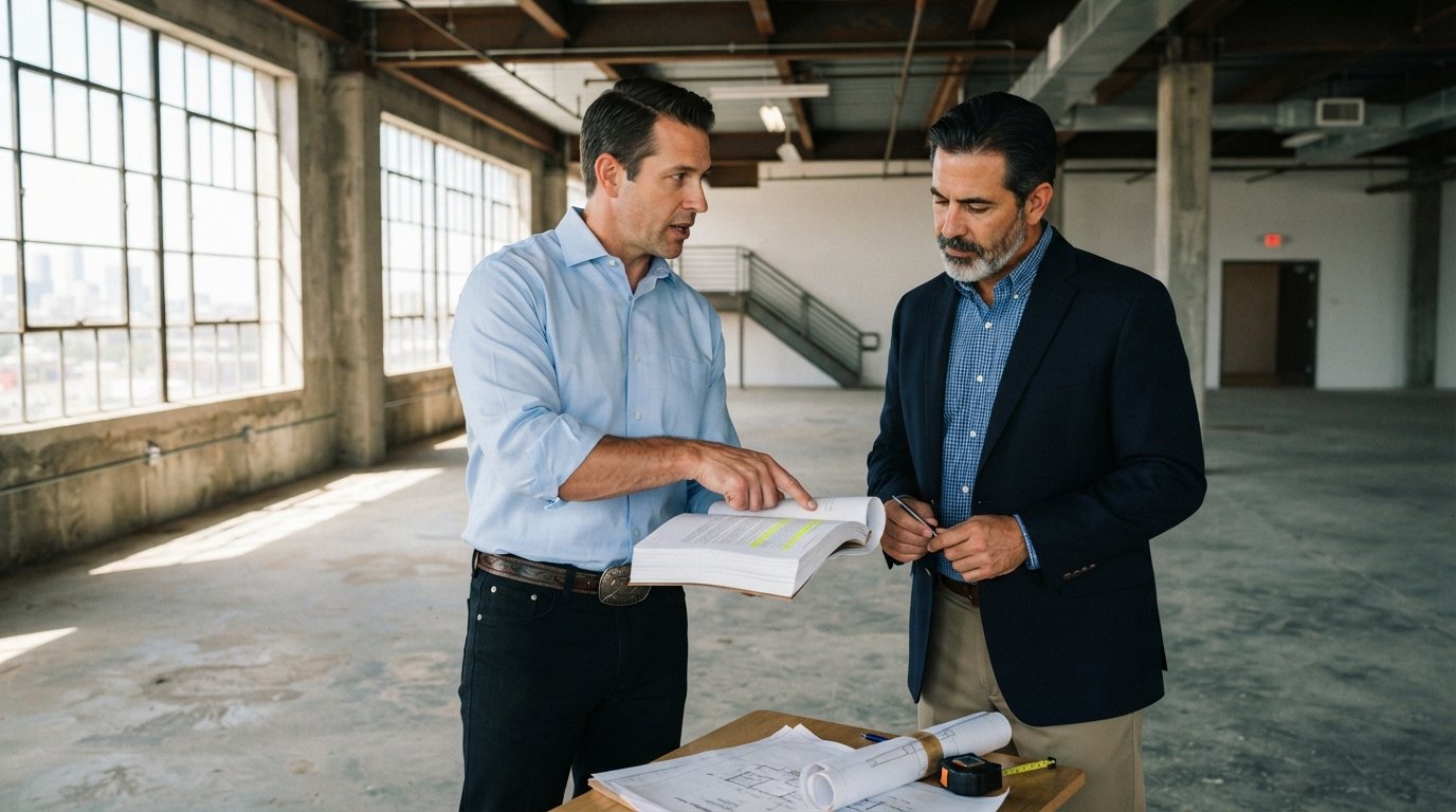 Businessman in button-up shirt points to insurance clause in commercial lease document while standing in bright warehouse…