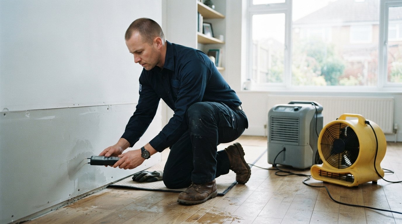 Technician in navy uniform kneels on hardwood floor, scanning drywall with a moisture meter beside dehumidifiers and an air…