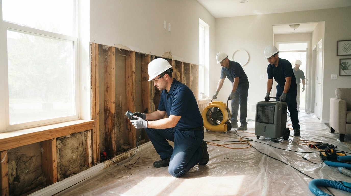 Restoration technicians in hard hats and navy uniforms use air movers and a dehumidifier to dry a water-damaged living room…