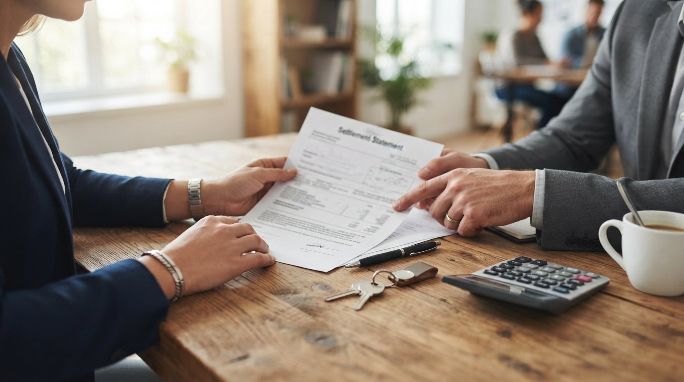 Buyer and closing agent review a settlement statement at a wooden table with a house key, calculator, pen, and coffee cup.