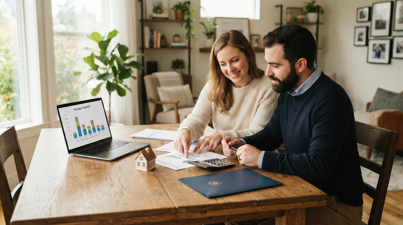 Couple at a dining table reviewing a mortgage statement with a calculator, model house, and laptop showing a monthly…