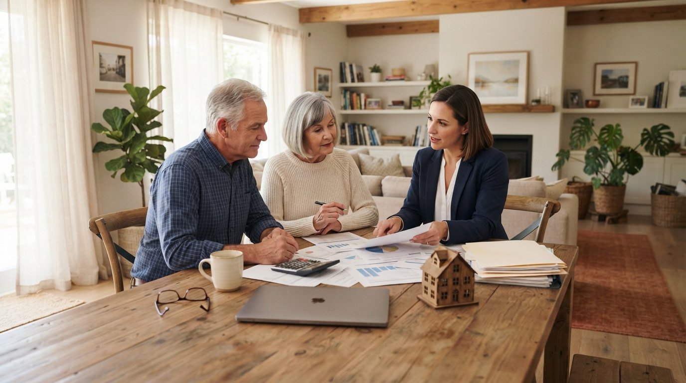 Senior couple and advisor reviewing documents at a dining table with a laptop, calculator, and model house in a sunlit…