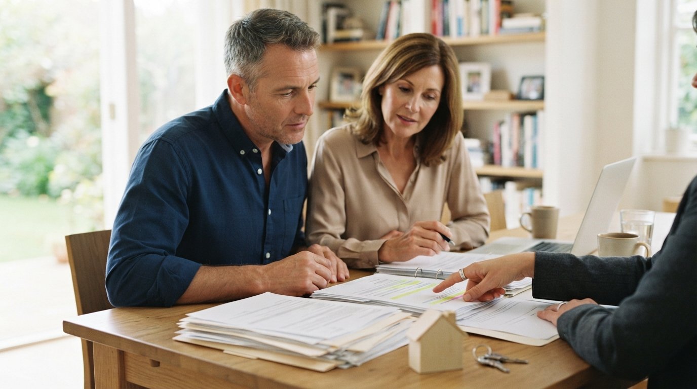 Man and woman at a kitchen table reviewing financial paperwork with an attorney's hand pointing to a highlighted section,…