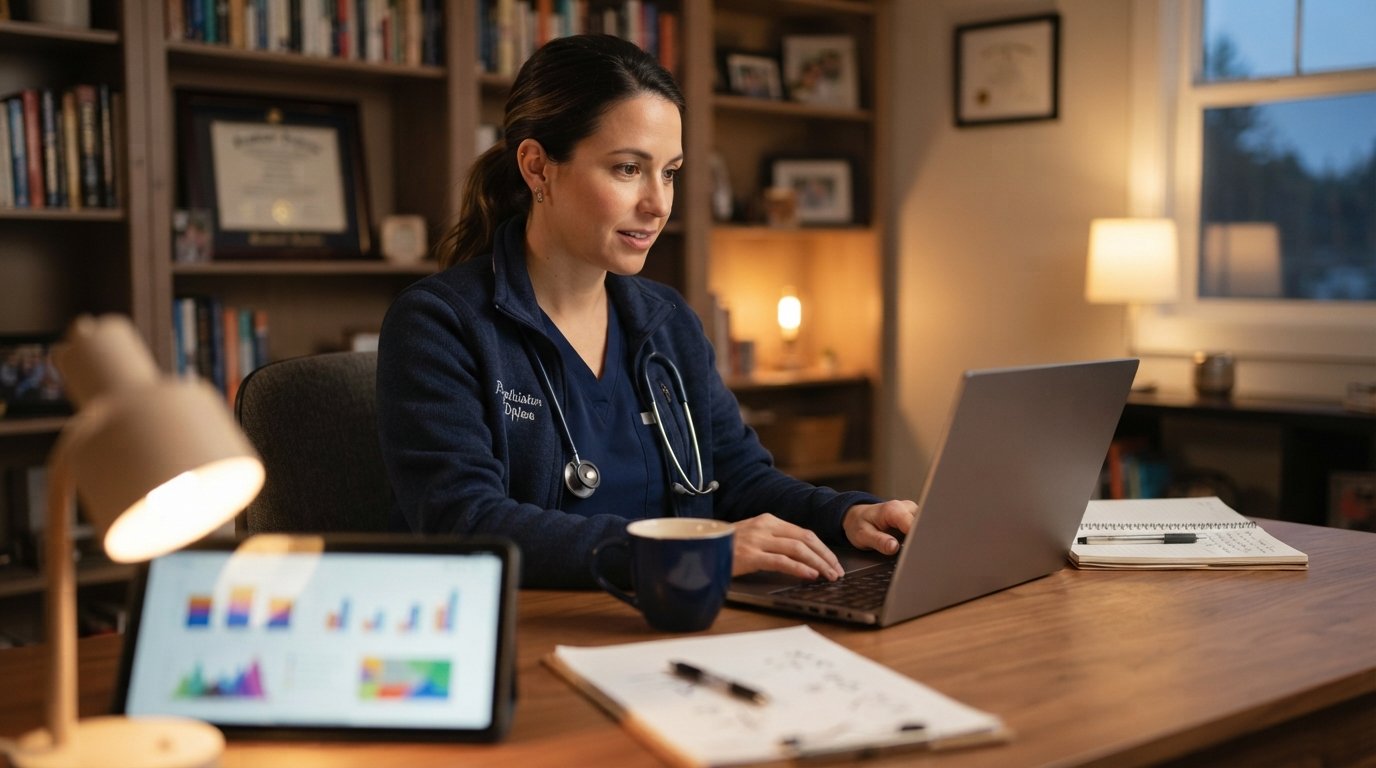 Psychiatric nurse practitioner in navy scrubs with a stethoscope reviews a patient assessment on a laptop at a home desk in…