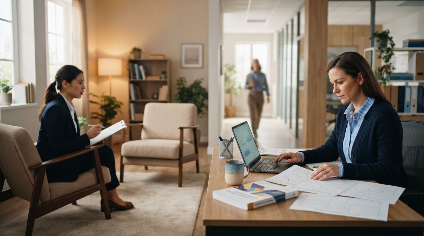 Graduate student with clipboard in a counseling practicum room beside a professional reviewing personality charts at a desk