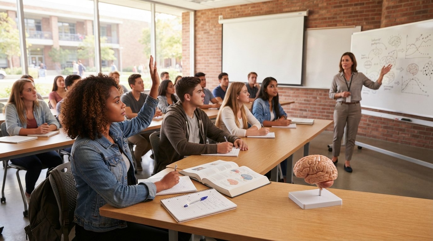 Diverse college students in a bright classroom with brick walls and large windows, seated with textbooks and notebooks…