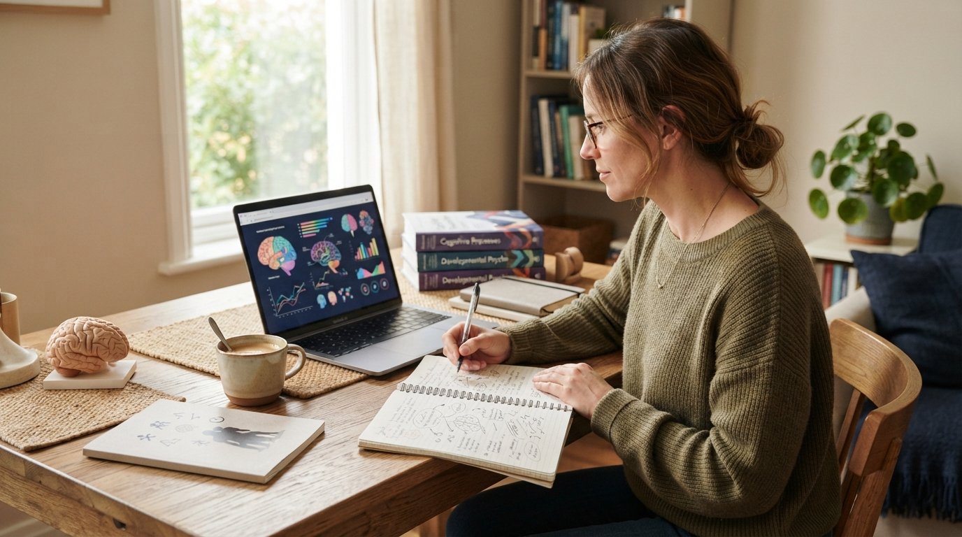Adult student at a tidy home desk with an open laptop showing brain diagrams and behavior charts, a notebook, coffee mug,…