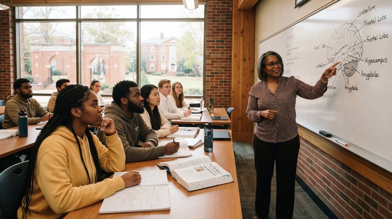 Diverse college students seated in a bright classroom as a professor points to a brain diagram on a whiteboard, with…