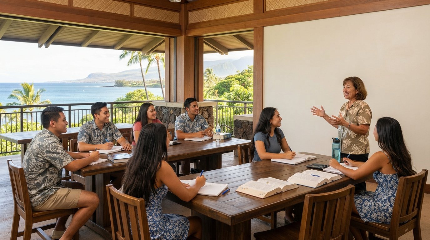College students in casual attire discuss psychology at wooden tables in a bright classroom with palm trees and ocean…