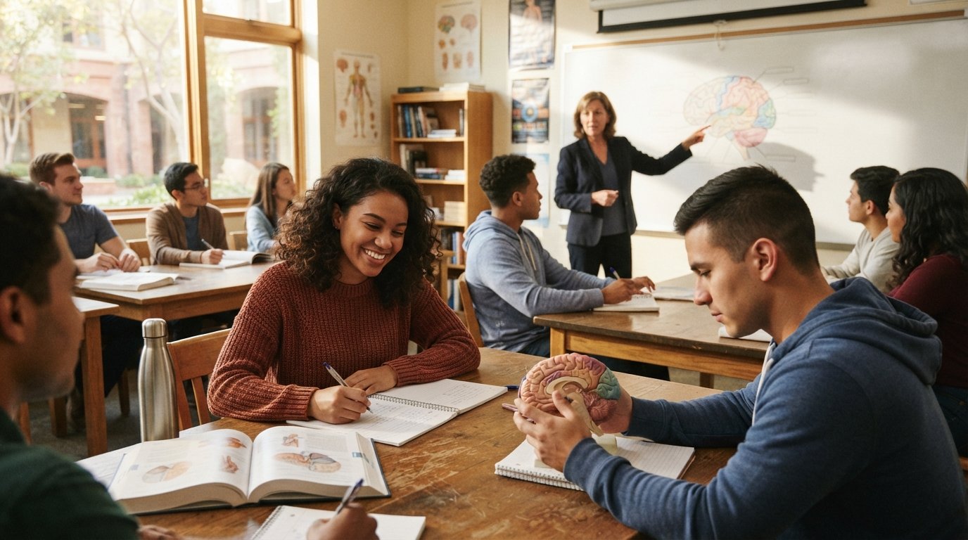College students take notes and examine a brain model in a sunlit psychology classroom as a professor gestures toward a…