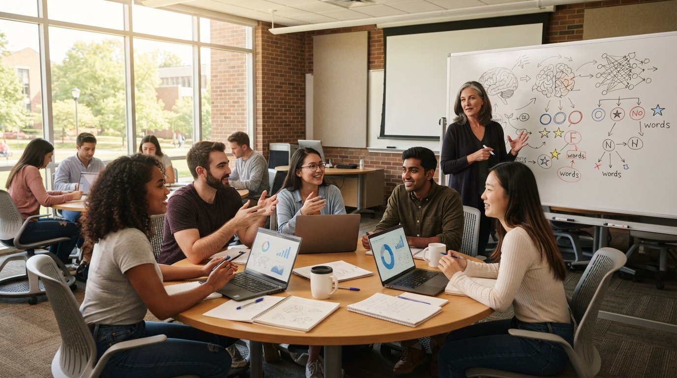 Diverse college students at round tables discuss brain diagrams with a professor gesturing toward a whiteboard in a bright…