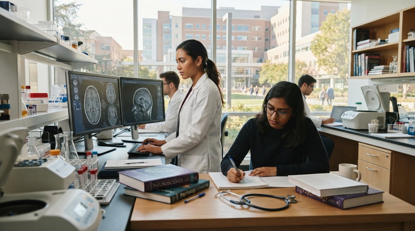 Graduate students in a bright psychology lab, one in a white lab coat reviewing brain scans on a monitor while another…