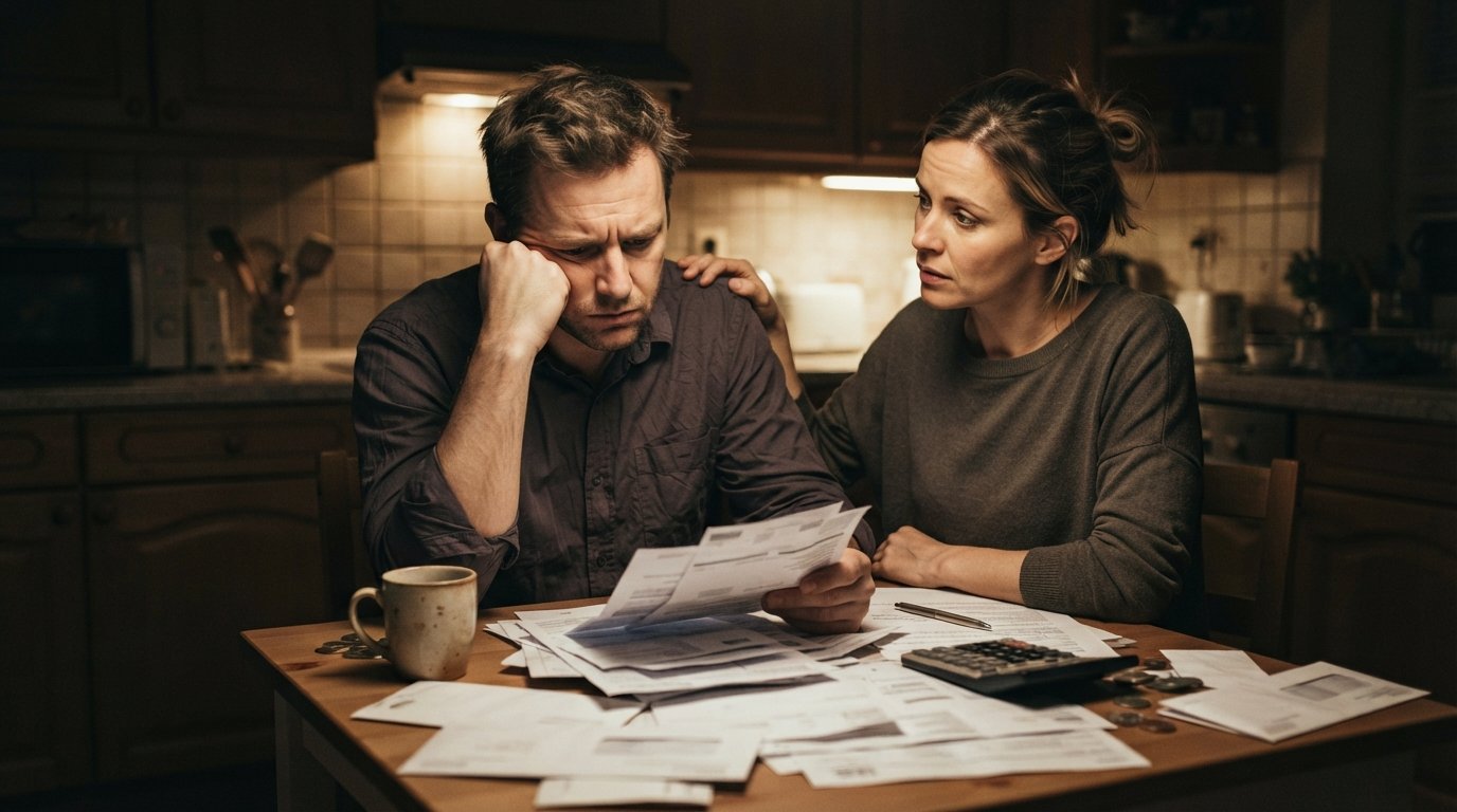 Worried man with head in hand sits at a cluttered table with bills, calculator, and mug as a woman rests a hand on his…