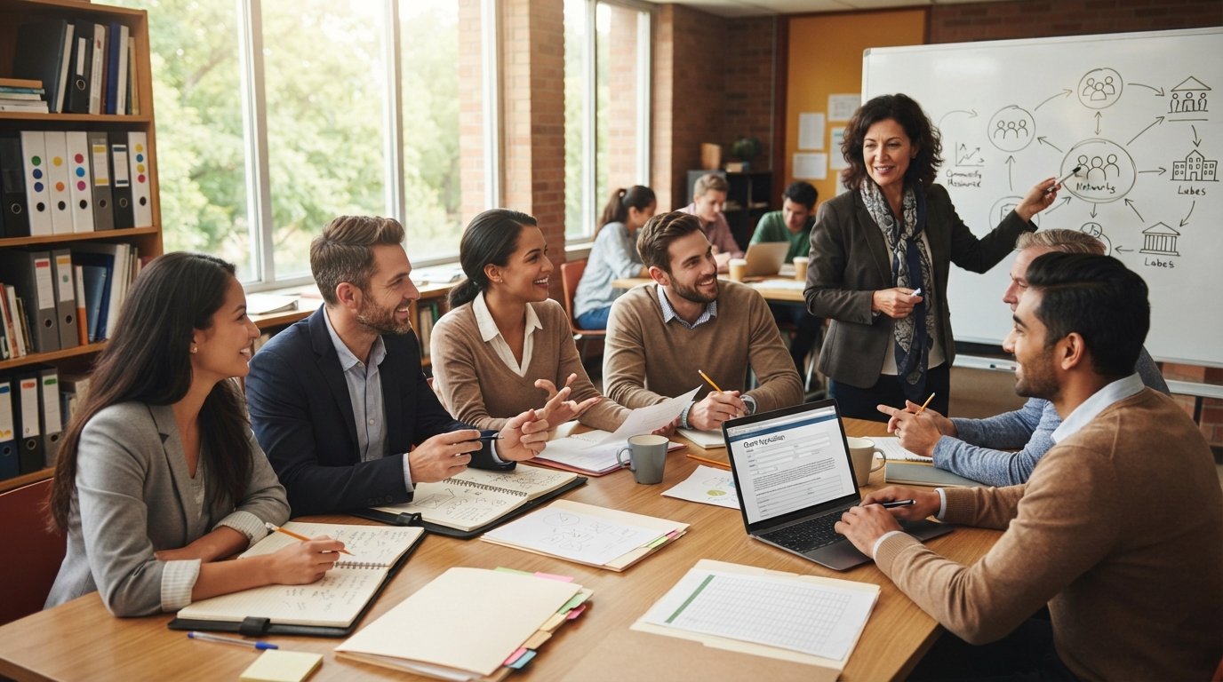 Adult students in casual business attire collaborate around a table with notebooks, spreadsheets, and case files while an…