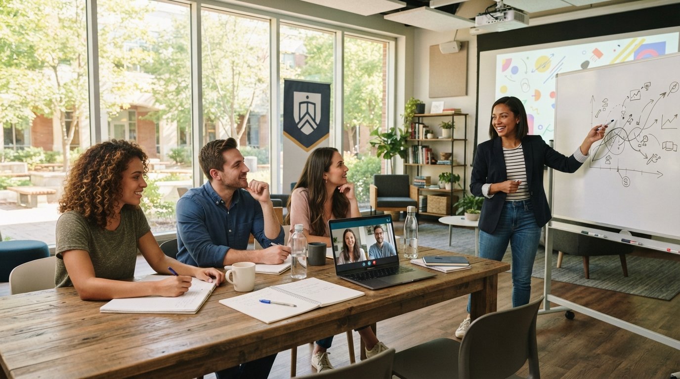 Diverse adult students collaborate around a table in a bright classroom while a laptop shows a video call participant