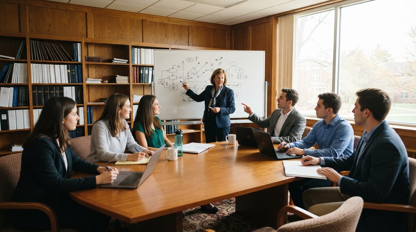 Graduate students in business attire discuss policy around a conference table as a woman presents a chart on a whiteboard…