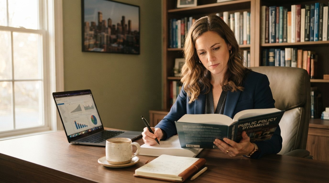 Professional woman in navy blazer reviewing a public administration textbook beside an open laptop with charts in a warmly…