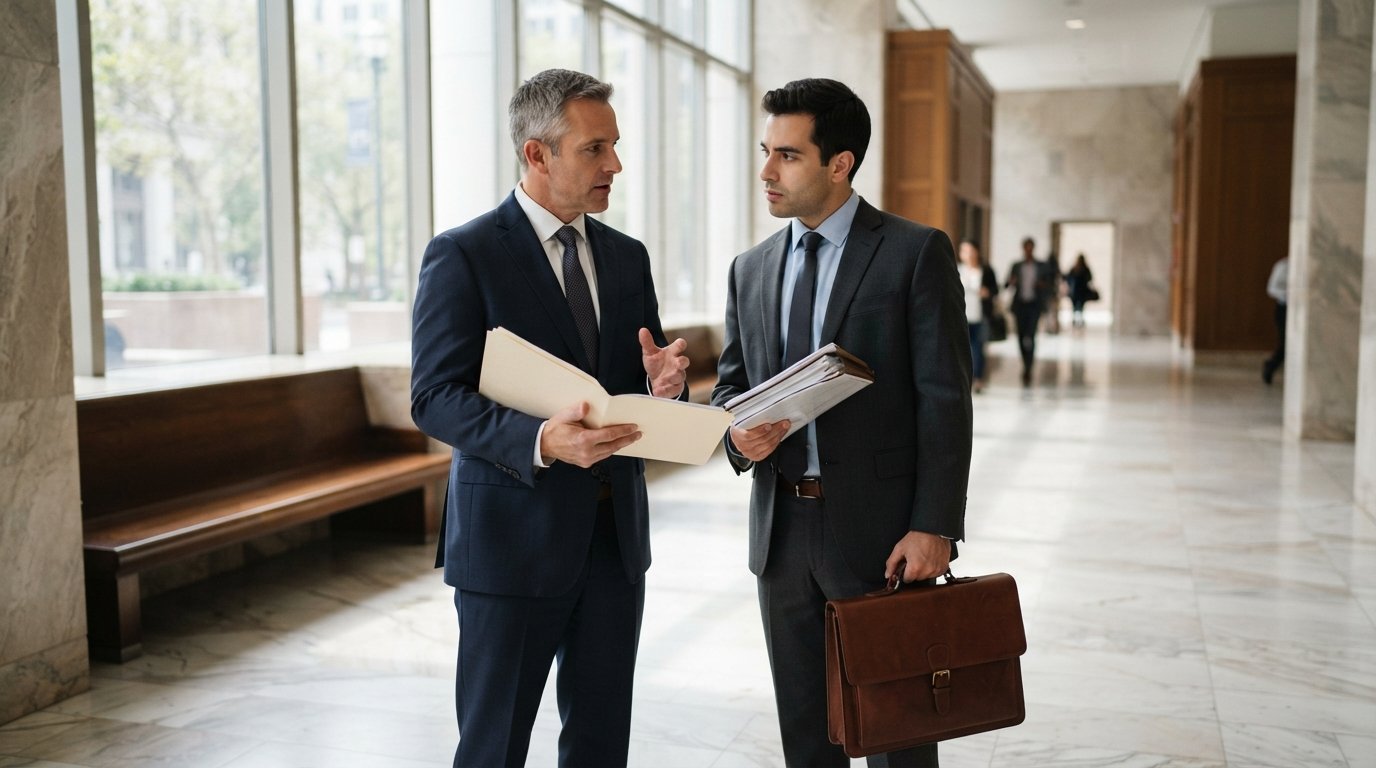 Two attorneys in navy and charcoal suits review legal documents together in a bright courthouse hallway with marble floors…