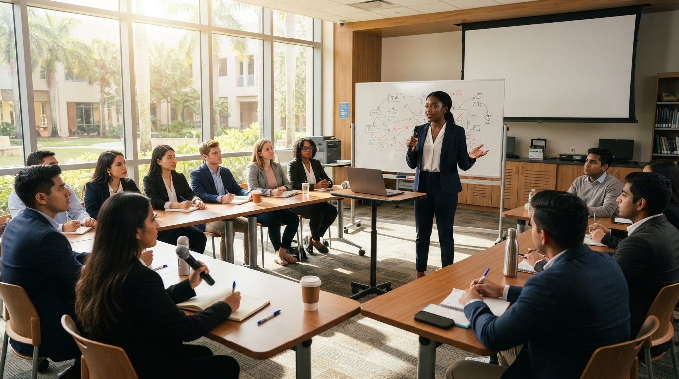 Diverse college students in business casual attire practice media pitches in a bright classroom, with one student gesturing…