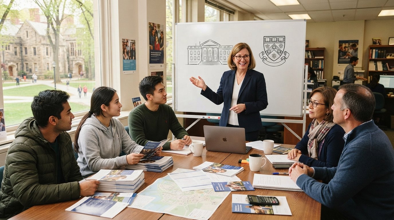 Diverse students and parents at a wooden table review brochures and financial aid forms while an advisor gestures toward a…