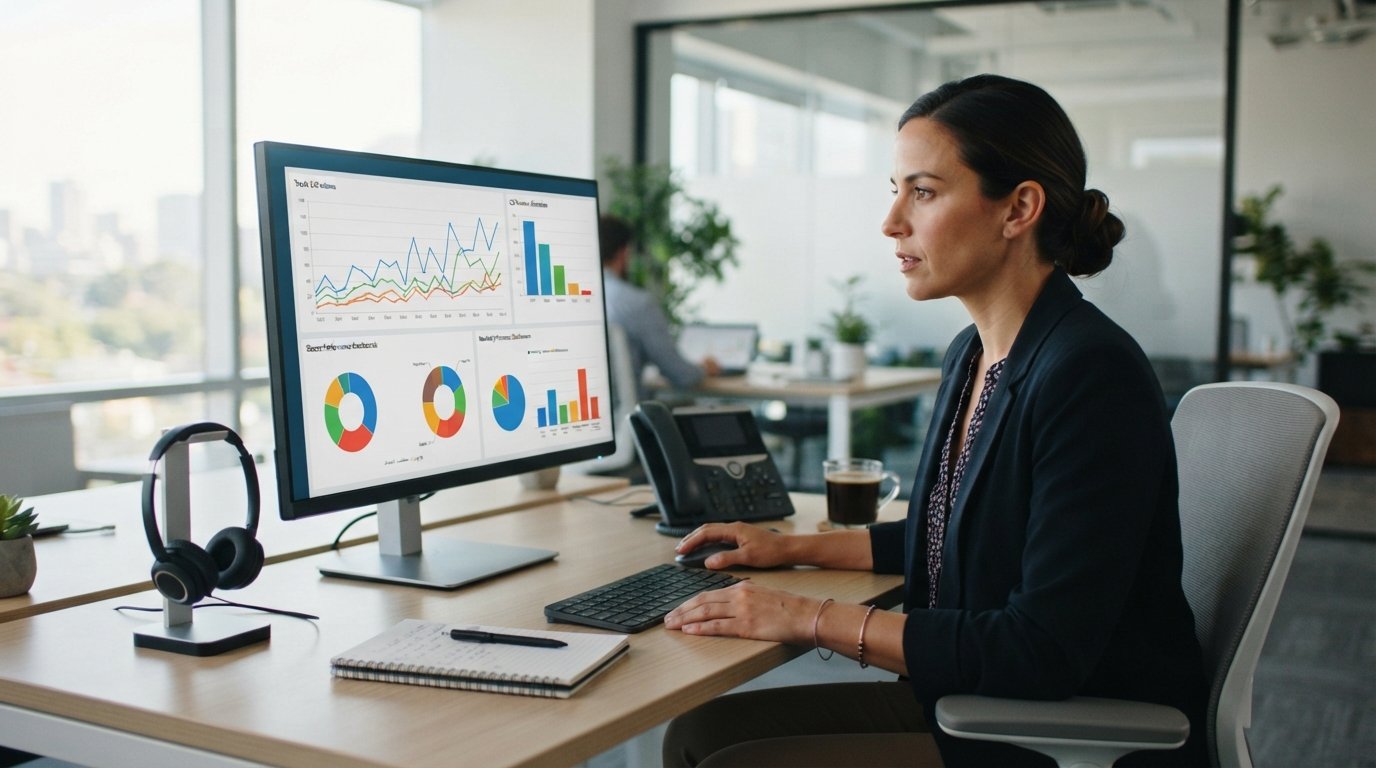 Publisher wearing a headset studies colorful call analytics graphs and source performance charts on a large monitor in a…