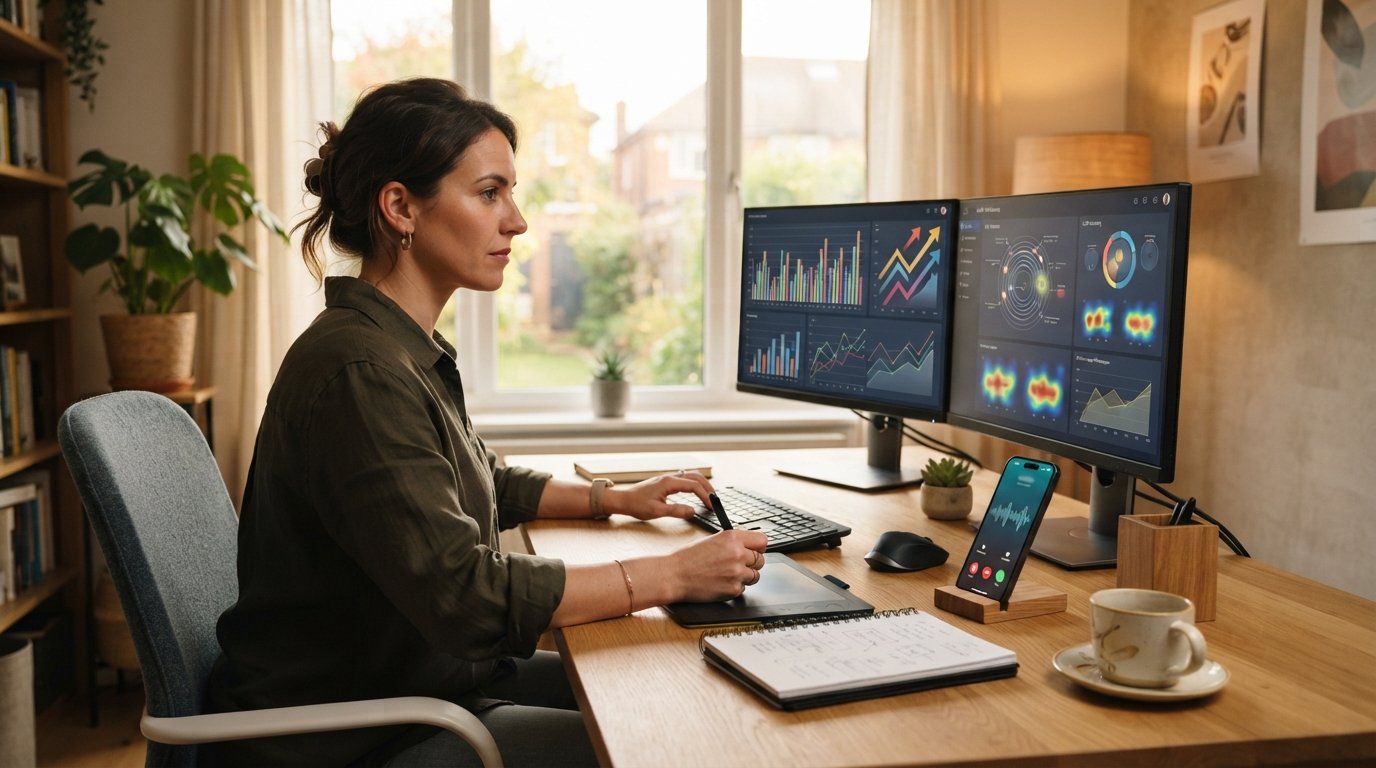 Publisher at a home office desk with dual monitors showing colorful charts and call tracking dashboards, a smartphone with…