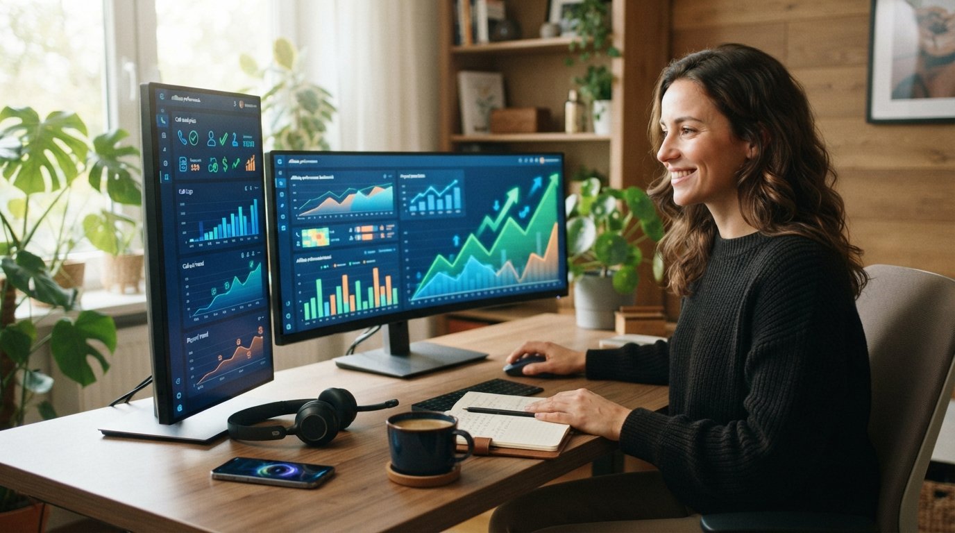 Smiling affiliate marketer at a home desk with headset, smartphone, coffee mug, and monitors showing call analytics and…