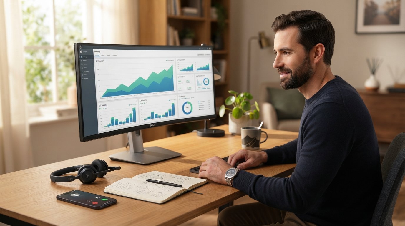 Affiliate marketer at a wooden desk viewing rising earnings graphs and call analytics on a desktop monitor, with a…
