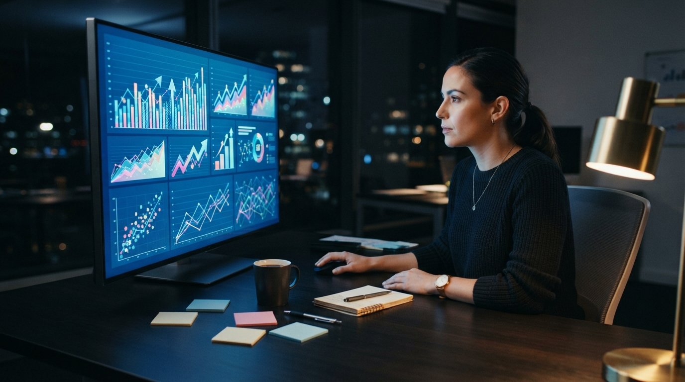 Marketer at a desk at night studying rising revenue charts on a large monitor, with notebook, sticky notes, and coffee mug…