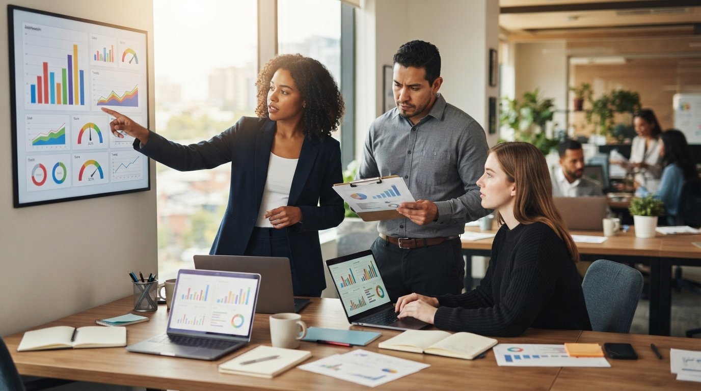 Three marketing analysts collaborate at a desk while one points to a wall dashboard with colorful bar graphs and score meters