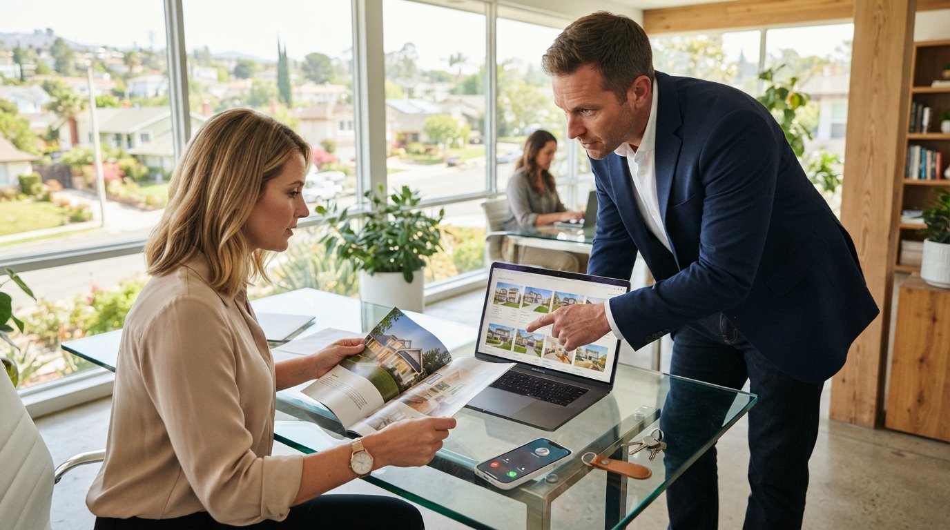 Loan officer in navy blazer points at laptop listing thumbnails while an agent reviews a brochure, with keys and a ringing…