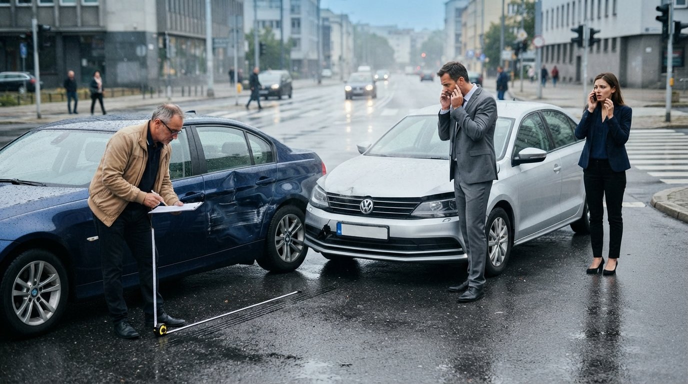 Two damaged sedans at a rain-slicked intersection as a suited driver inspects his bumper and a woman in a navy blazer calls…