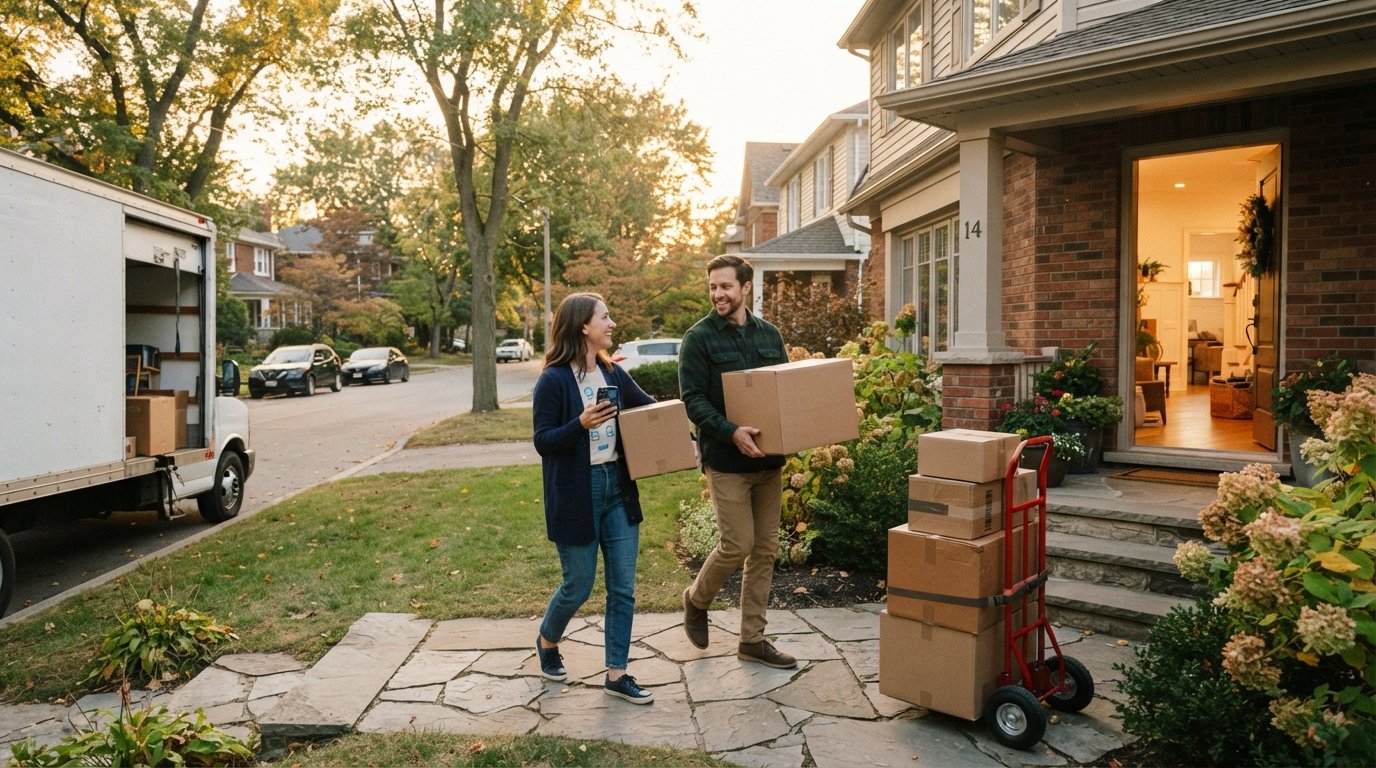 Couple carrying cardboard boxes into a suburban home, one holding a smartphone with a health insurance website