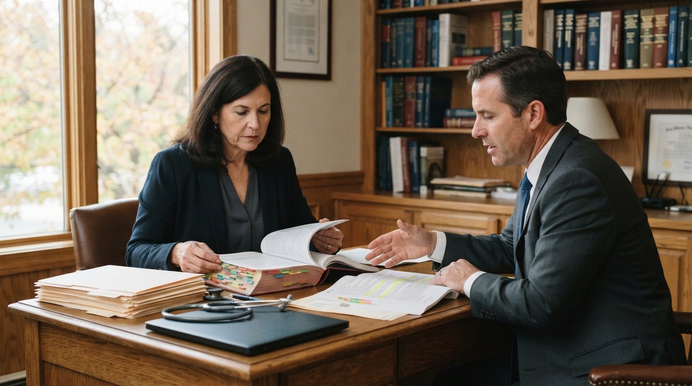 Woman in a navy blazer reviews a tabbed reference manual at a wooden desk as an attorney in a gray suit points to…