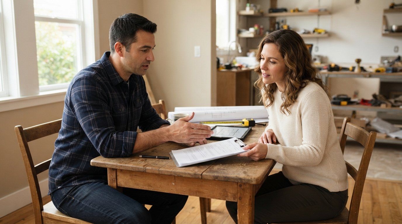 Homeowner and contractor in casual clothes reviewing a printed contract at a wooden table, with a pen, clipboard, tablet,…