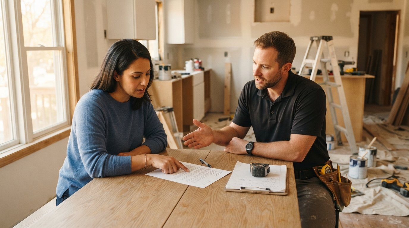 Homeowner in a blue sweater points at a contract clause while a general contractor in a work polo looks on at a light oak…