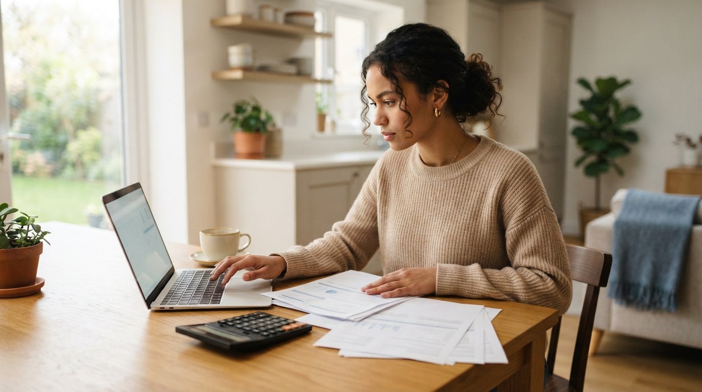 Young adult at a kitchen table comparing paper loan offers beside a laptop, calculator, and coffee mug in natural window…